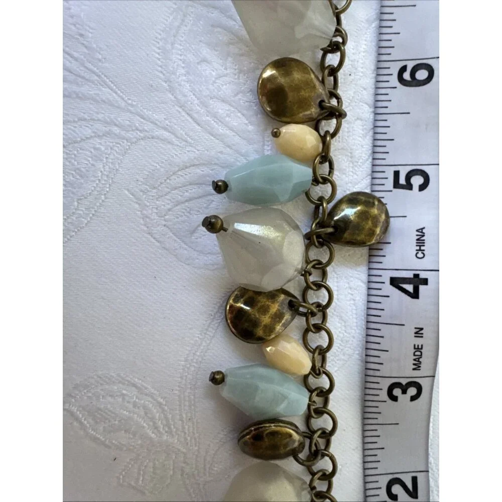 Premier Designs Beaded Charm Bracelet Blue Cream Dark Goldtone 8.5